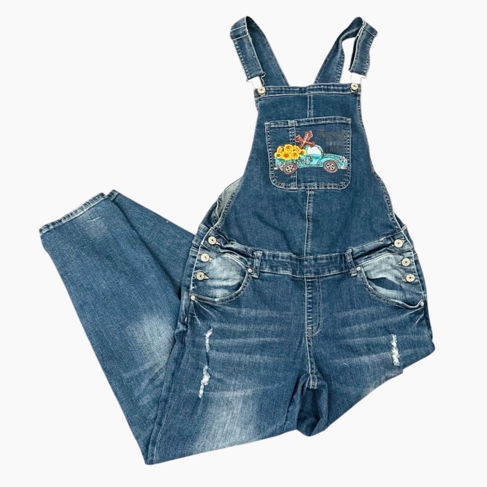 Gemma Rae Maternity Overalls Distressed Stretch Denim Sunflower Motif Large